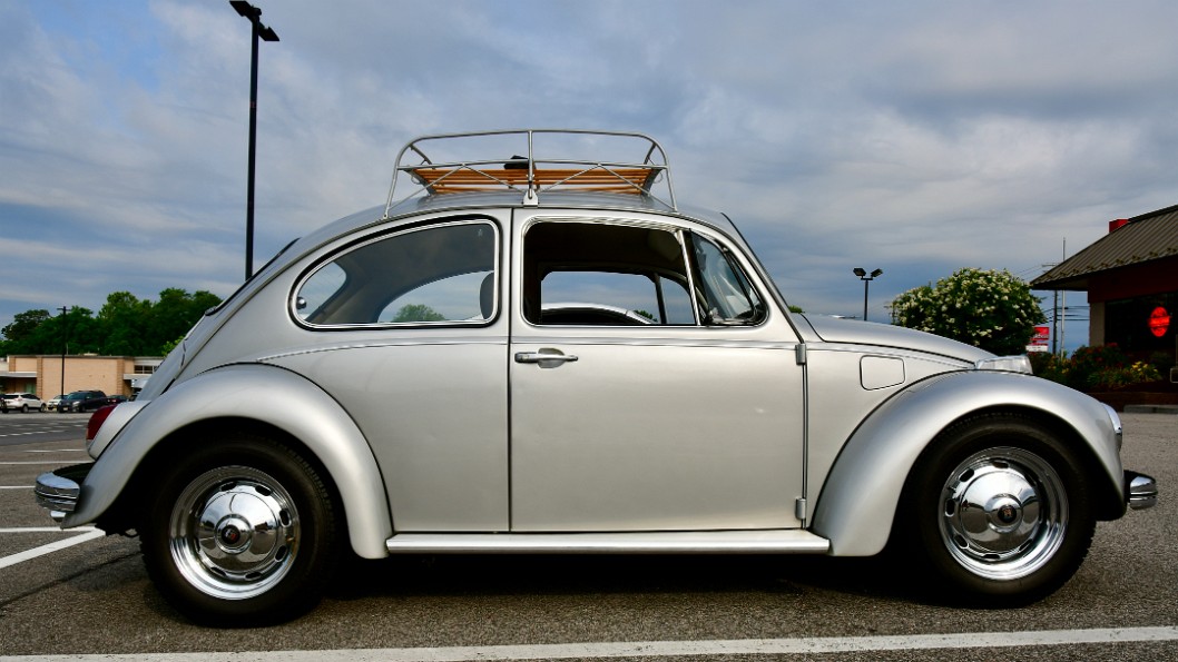 Silver VW Beetle Side View in the Morning Light