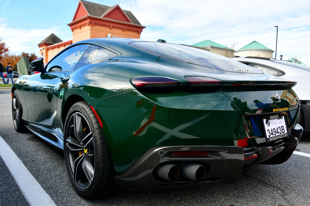Rear Profile of a Dark Green Ferrari Roma