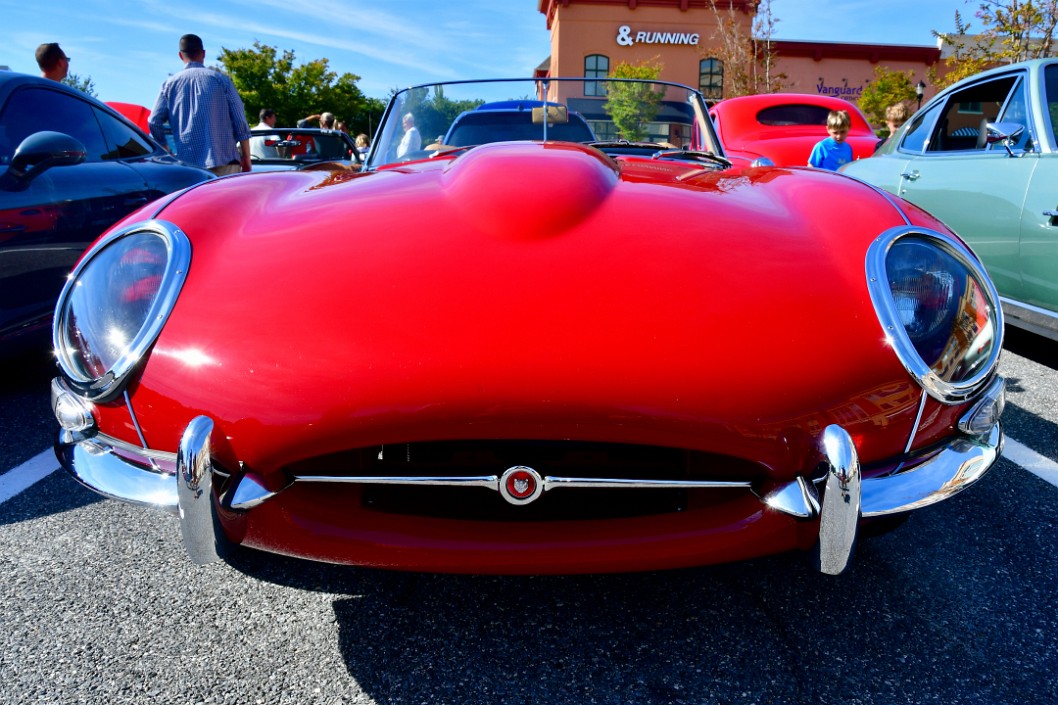 Head-On to a Classic Jaguar E-Type in Bright Red